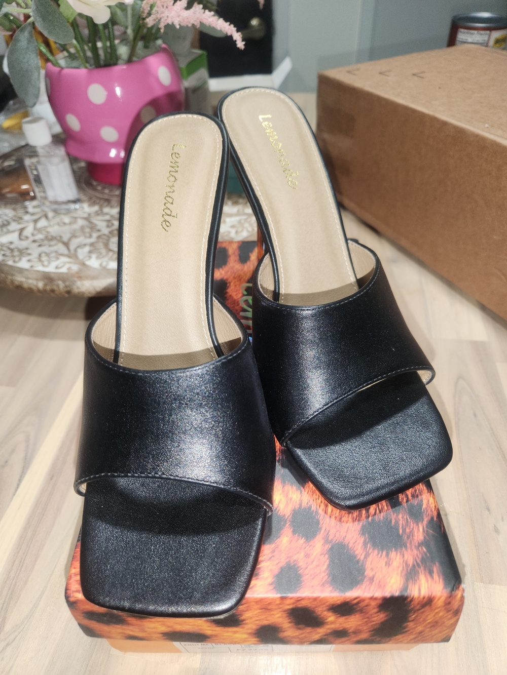 Lemon Black Satin Open-Toe Slide Heels